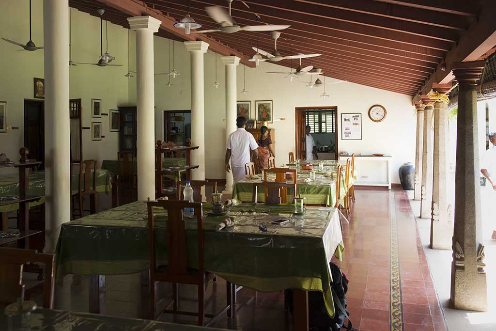 The dining room of The Bangala Hotel, Chettinad, in a moment of calm between meal services.