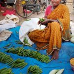 An Indian woman dressed in a gauzy orange and green checked sari sits on a blue tarp and sells neatly arranged green okra in a market outside of Madurai.