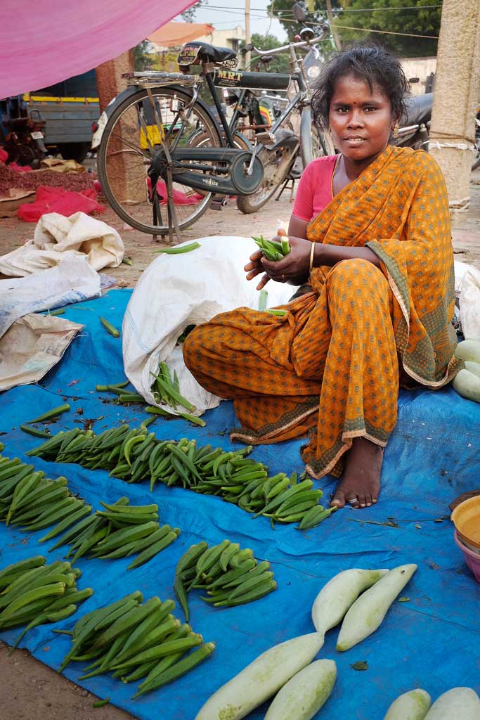 An Indian woman dressed in a gauzy orange and green checked sari sits on a blue tarp and sells neatly arranged green okra in a market outside of Madurai.