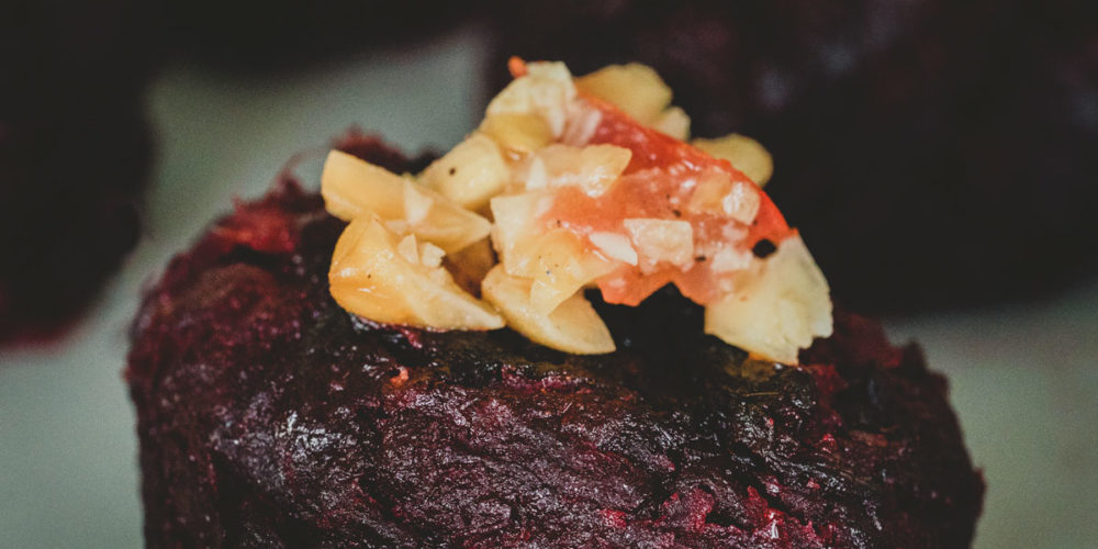 Beetroot patties with peanut salsa. Recipe courtesy of the 50 Mile Restaurant at CGH Spice Village and Chef Jerry Mathew.