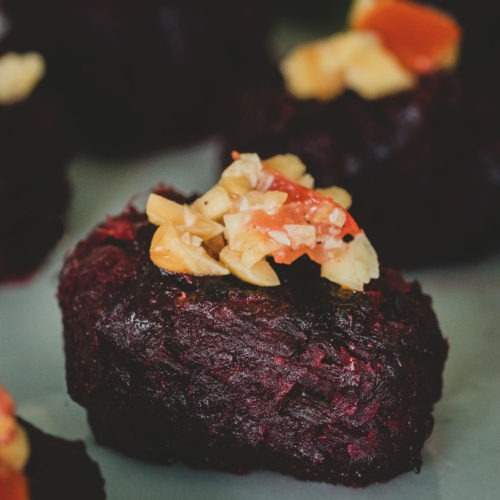 Beetroot patties with peanut salsa. Recipe courtesy of the 50 Mile Restaurant at CGH Spice Village and Chef Jerry Mathew.