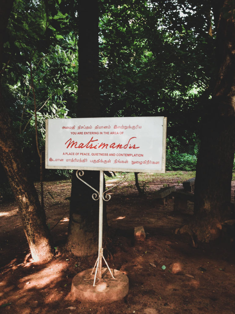 A place sign for the Matrimandir, Auroville.