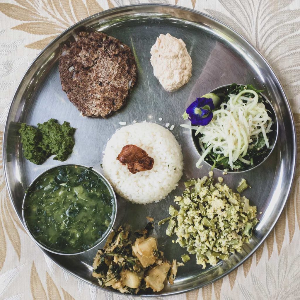 Thali lunch at Solitude Farm with Cassava and Spinach Subzi