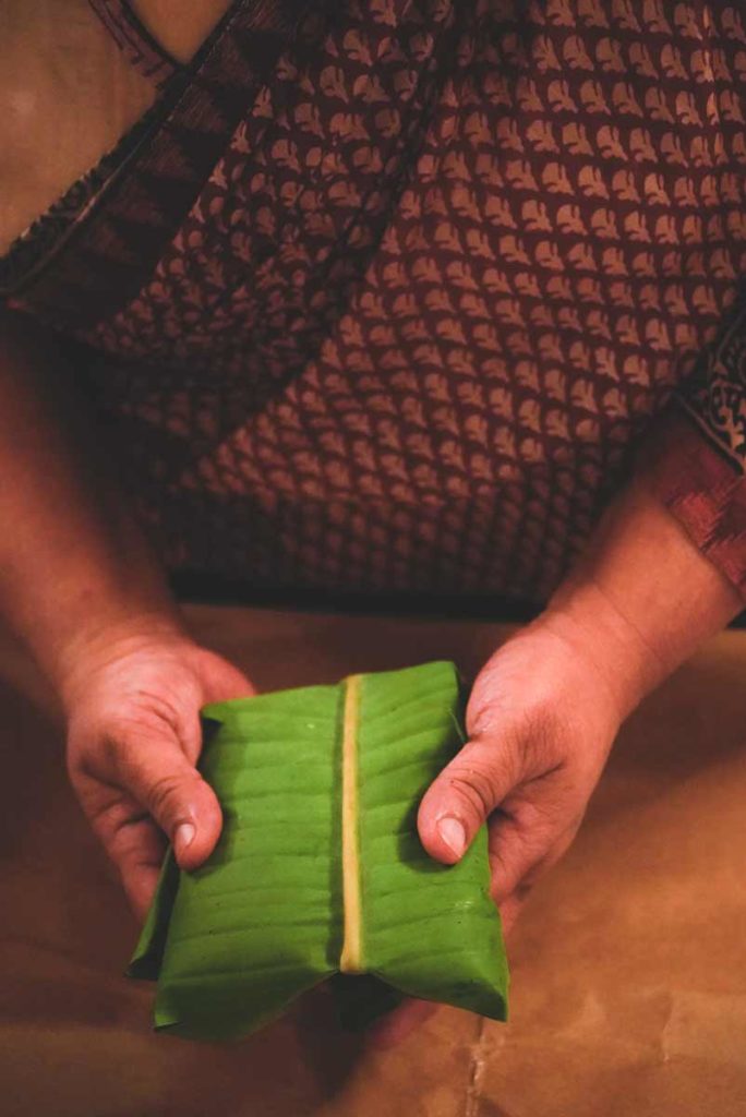 Moplah-Shrimp-Biryani in a banana leaf