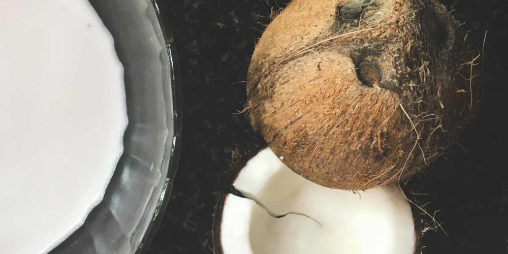 Split coconut and a bowl of coconut milk